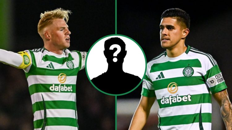 Stephen Welsh left and Luis Palma right playing for Celtic against Sligo Rovers with mystery icon centre inset