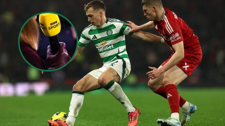 Jack MacKenzie challenges Alistair Johnston for the ball during Celtic vs Aberdeen, an inset of the BBC Sport microphone
