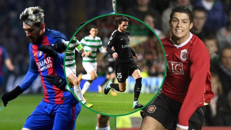 Lionel Messi left and Cristiano Ronaldo right playing against Celtic with PSG's Adrien Rabiot centre inset playing against Celtic
