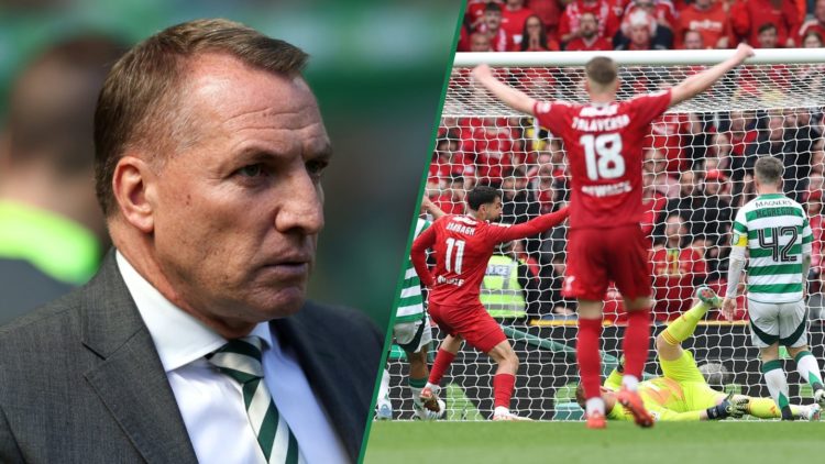Brendan Rodgers looks dejected before a Celtic game, Aberdeen players celebrate after scoring against Celtic