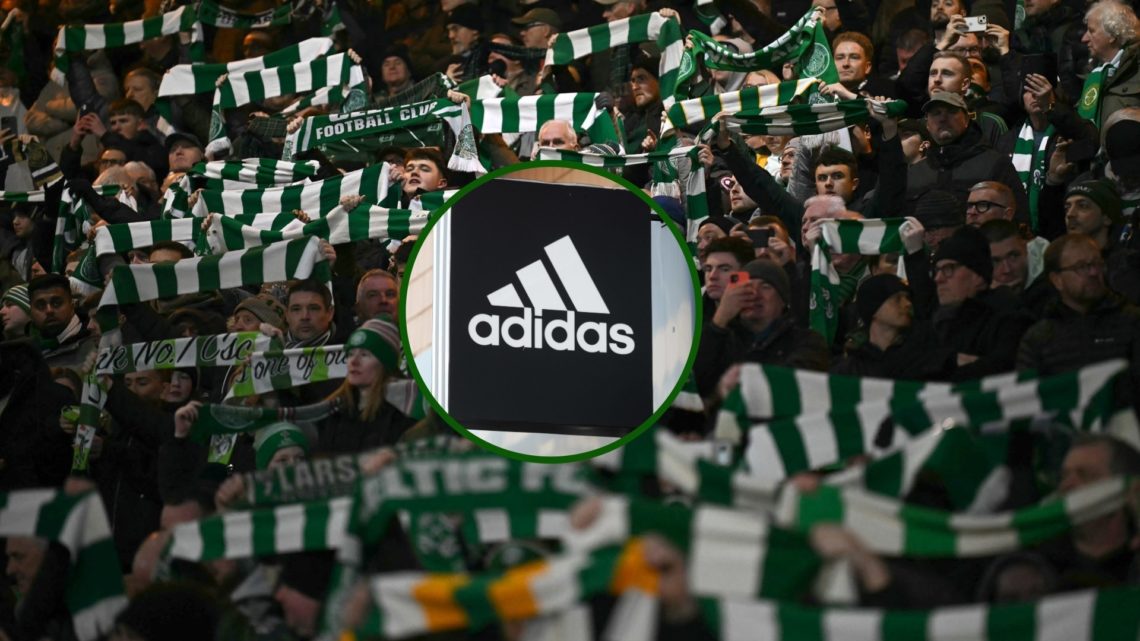 Two way image of Celtic fans with an overlay of the Adidas logo
