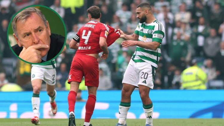 Cameron Carter-Vickers squares up to Graeme Shinnie at Hampden Park, an inset of Pat Bonner at an FAI general meeting