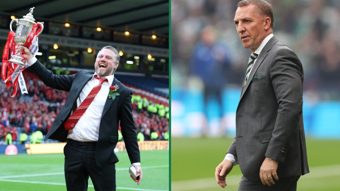 Jimmy Thelin celebrates winning the Scottish Cup for Aberdeen, Brendan Rodgers looks dejected after Celtic lose the Scottish Cup final