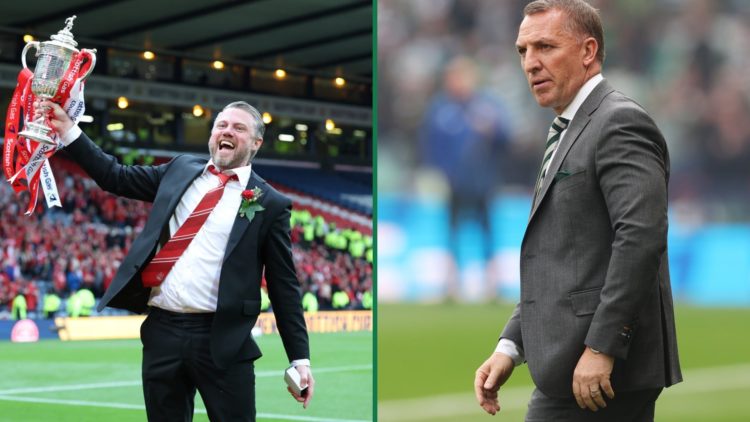 Jimmy Thelin celebrates winning the Scottish Cup for Aberdeen, Brendan Rodgers looks dejected after Celtic lose the Scottish Cup final