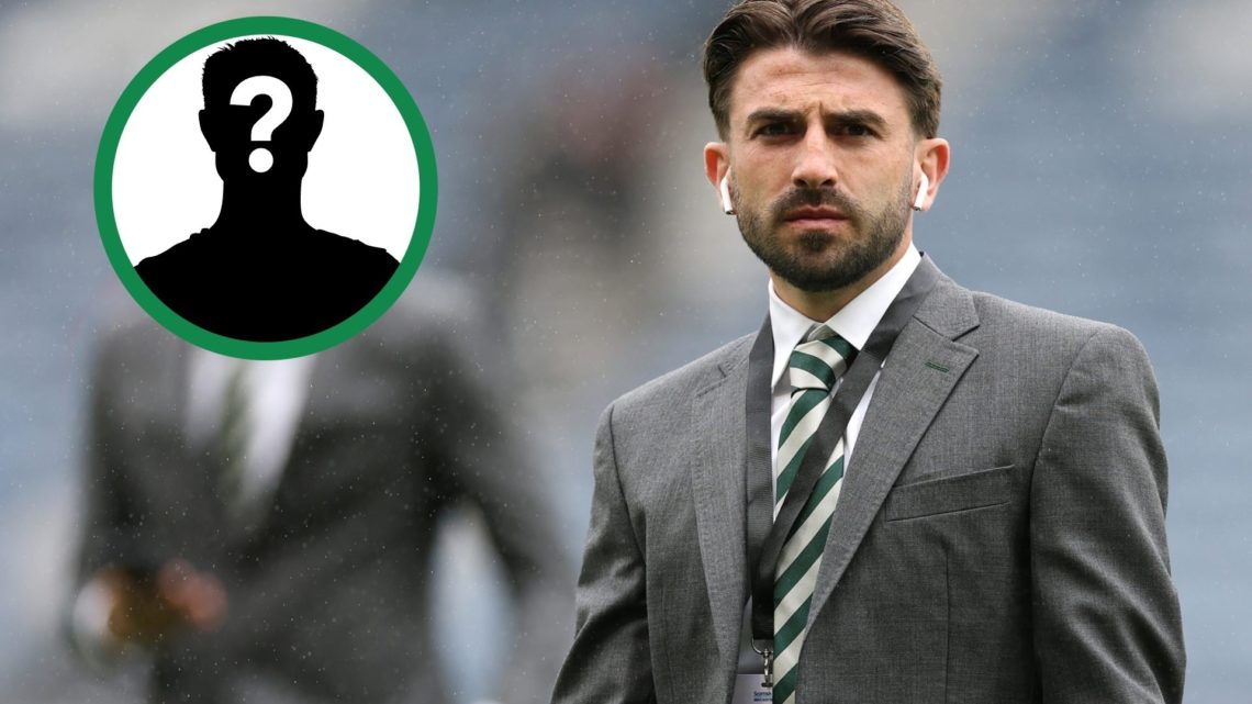 Greg Taylor looks on at Hampden before Celtic's Scottish Cup final clash against Aberdeen, 24 May, 2025, including an inset of a mystery player.