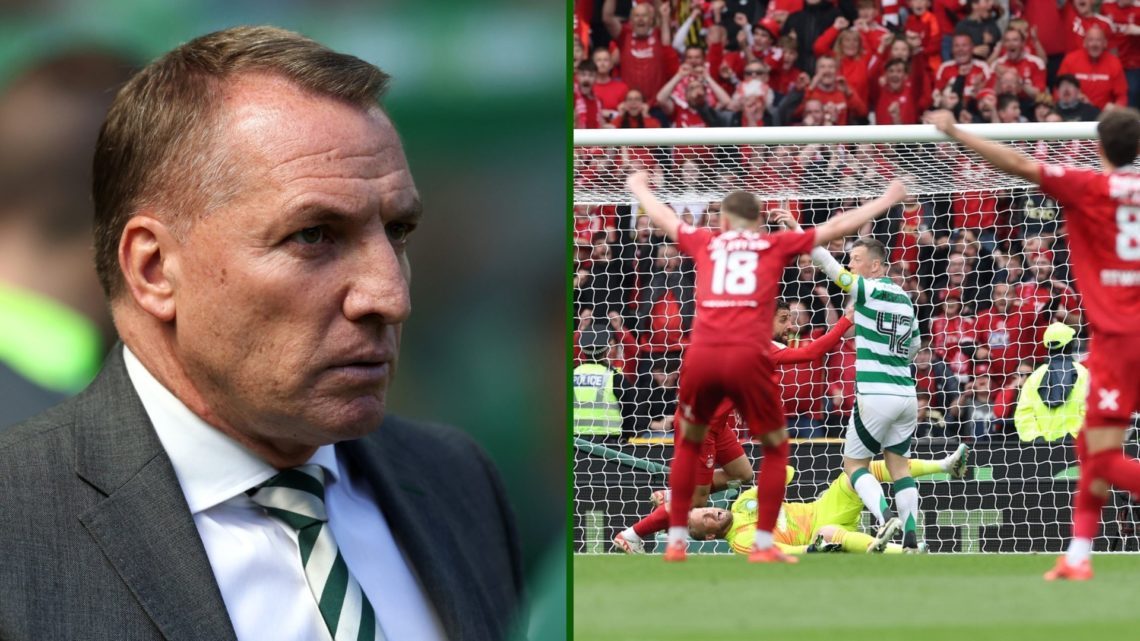 Split image of Celtic hero Kasper Schmeichel spills the ball for Aberdeen's equaliser in the Scottish Cup final with Brendan Rodgers looking on.