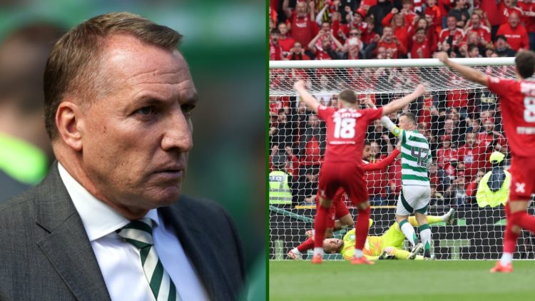 Split image of Celtic hero Kasper Schmeichel spills the ball for Aberdeen's equaliser in the Scottish Cup final with Brendan Rodgers looking on.