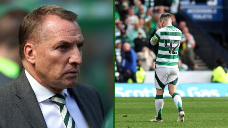 Split image of Celtic boss Brendan Rodgers and Callum McGregor after the Celtic captain missed a penalty in the penalty shoot-out with Aberdeen in ...