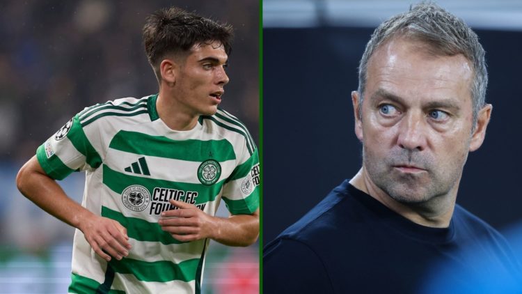 Split image of Alex Valle in action for Celtic vs Atalanta in the Champions League with Barcelona manager Hansi Flick looking on.