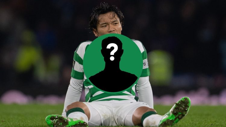 Reo Hatate sits on the floor whilst in action for Celtic, including an inset of a mystery player.