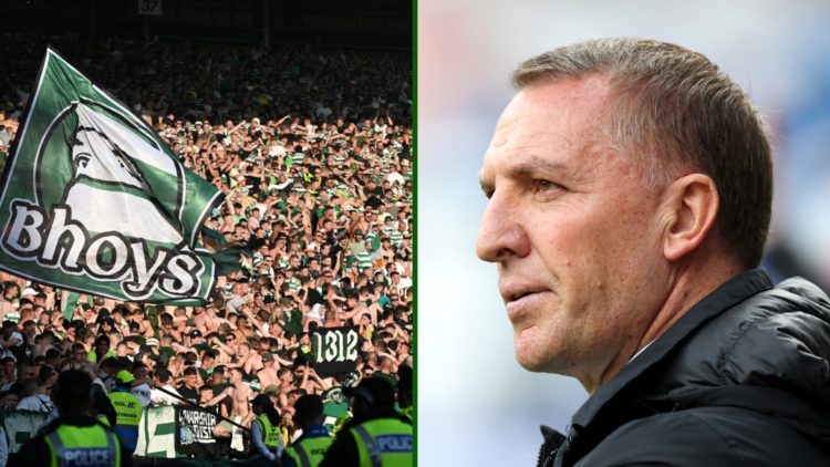 Split image of Celtic boss Brendan Rodgers as he addresses the Celtic supporters after the Scottish Cup defeat to Aberdeen,