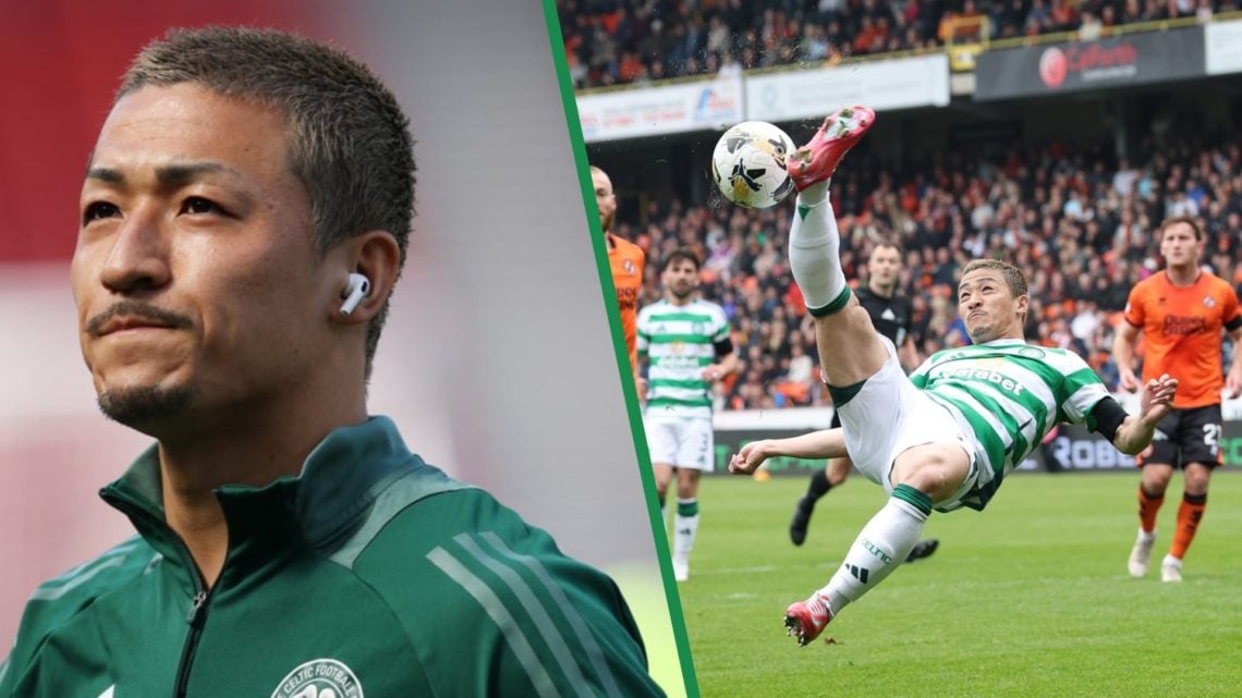 Split image, Daizen Maeda in Celtic tracksuit. Daizen Maeda attempting overhead kick for Celtic.