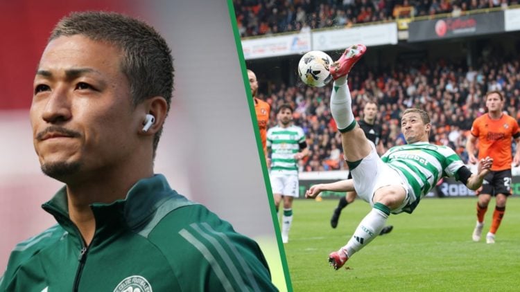 Split image, Daizen Maeda in Celtic tracksuit. Daizen Maeda attempting overhead kick for Celtic.