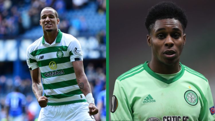 A split image of Christopher Jullien and Jeremie Frimpong in action for Celtic in their respective games.