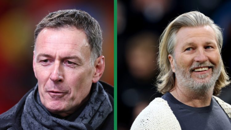 A split image of Ex-Celtic striker Chris Sutton looking on ahead of Liverpool's 2024/25 Champions League clash against Real Madrid and Robbie Savag...