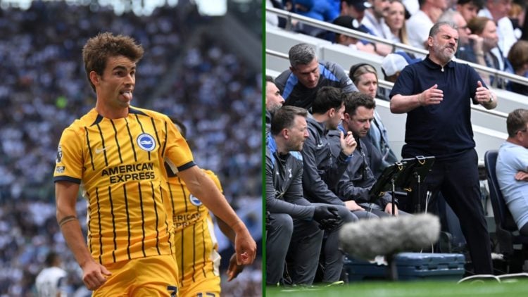 Split image of former Celtic star Matt O'Riley as he scores Brighton's third goal over Ange Postecoglou's Spurs in the 4-1 away win at the Tottenha...
