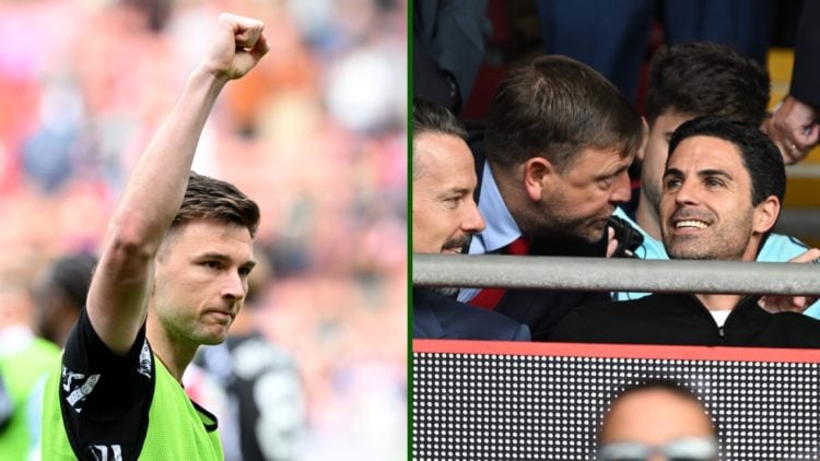 Split image of Arsenal boss Mikel Arteta at Arsenal's win over Southampton and Kieran Tierney celebrating after scoring in the Premier League win