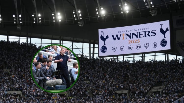 Image of Tottenham fans celebrating their Europa League win prior to the defeat to Brighton as Celtic icon Ange Postecoglou looks on in frustration.