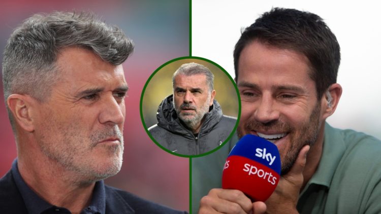 Three-way image of Celtic hero Ange Postecoglou and Manchester United legend Roy Keane and Liverpool hero Jamie Redknapp