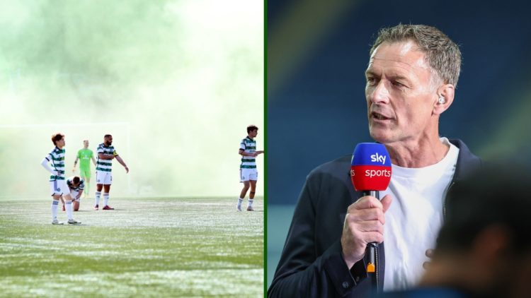 Split image of Chris Sutton on Sky Sports with Celtic playing at Livingston FC in the Scottish Premiership.
