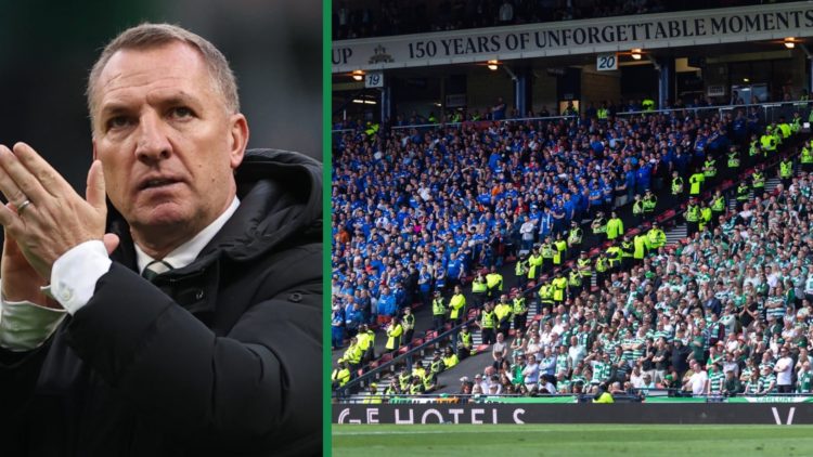 Brendan Rodgers left and Celtic & Rangers fans right