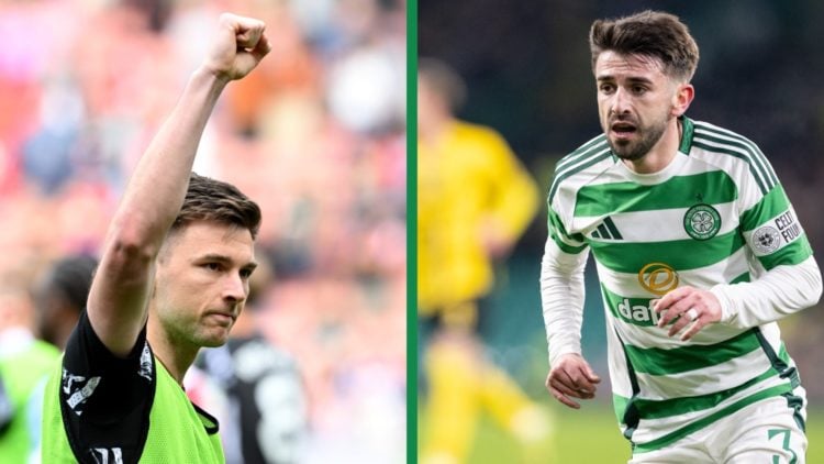 A split image of Kieran Tierney raising his hands at the Arsenal fans, and Greg Taylor in action for Celtic.