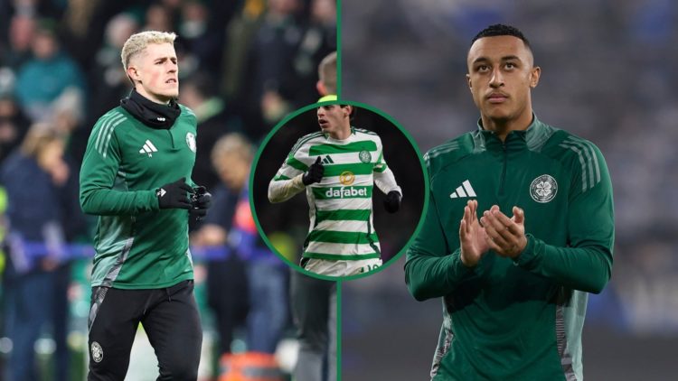 Luke McCowan warms up during a Celtic game, Paulo Bernardo in action at Celtic Park, Adam Idah applauds the Celtic fans