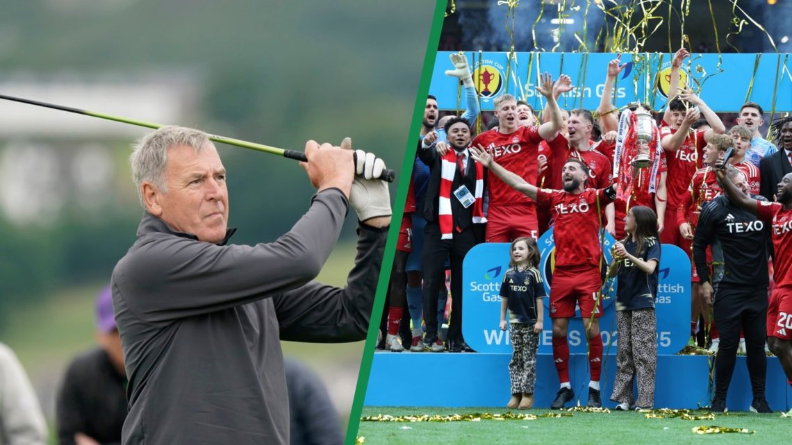 A split image of Celtic legend Pat Bonner playing a round of Golf, including the Aberdeen players lifting the Scottish Cup at Hampden.