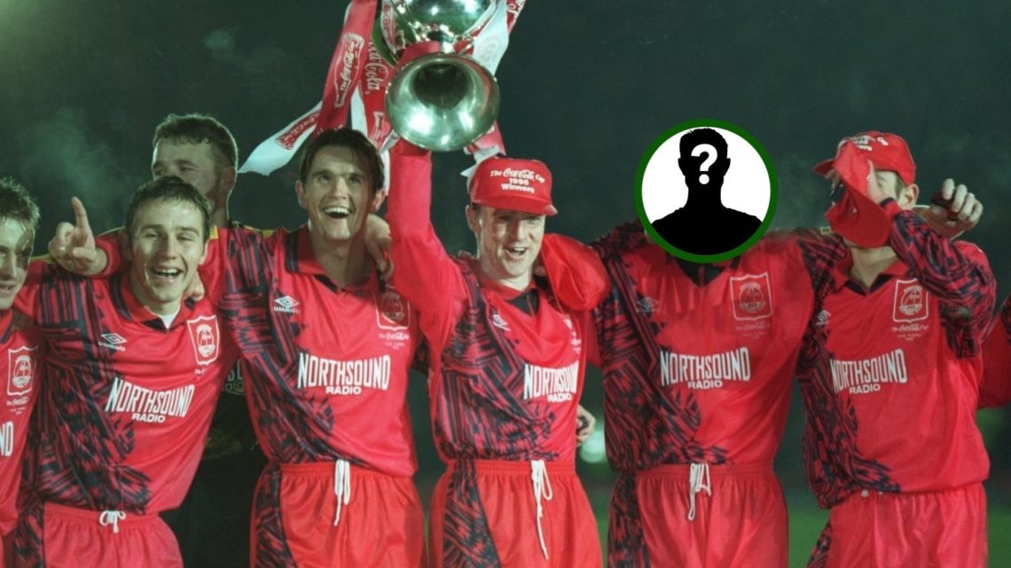 Aberdeen players celebrating the 1995 League Cup win with an overlay of a mystery player.