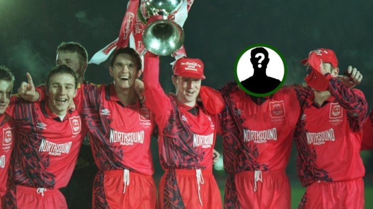 Aberdeen players celebrating the 1995 League Cup win with an overlay of a mystery player.