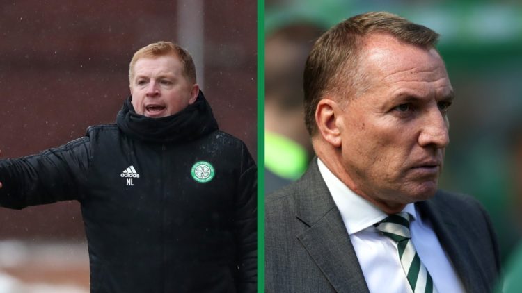 A split image of Neil Lennon as the Celtic manager in 2021, including Brendan Rodgers as the Celtic boss against St Mirren.