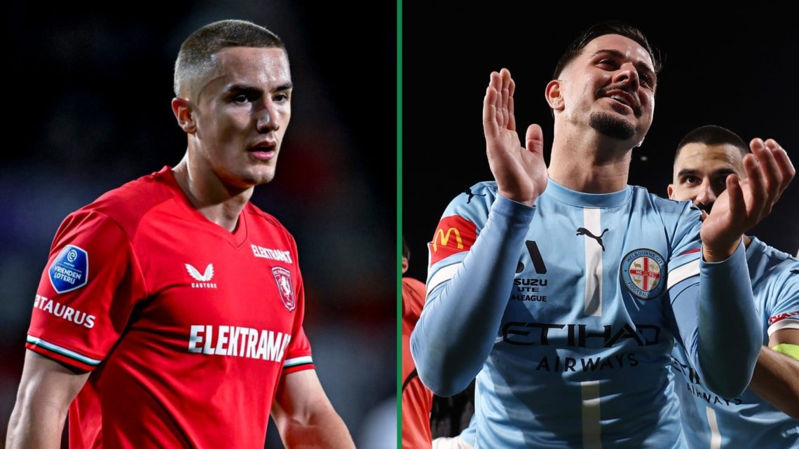 Gustaf Lagerbielke playing for FC Twente left and Marco Tilio celebrating for Melbourne City right