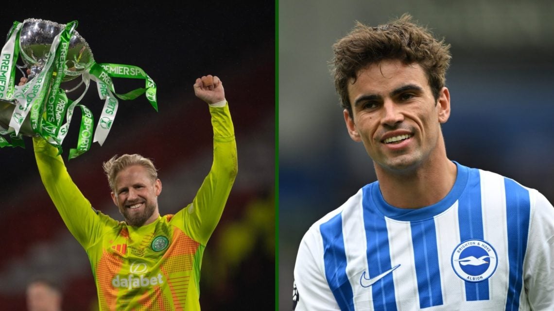 Split image of Celtic hero Kasper Schmeichel and Brighton midfielder Matt O'Riley.