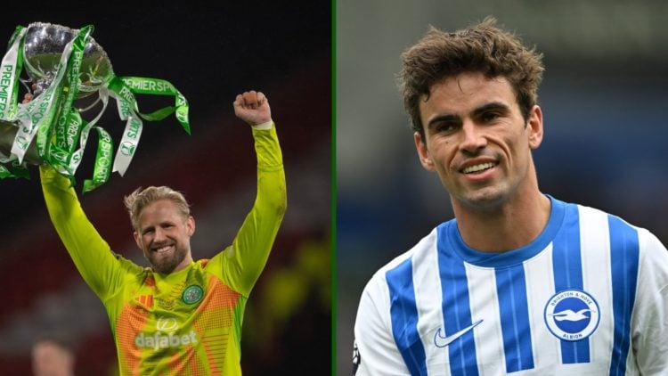 Split image of Celtic hero Kasper Schmeichel and Brighton midfielder Matt O'Riley.