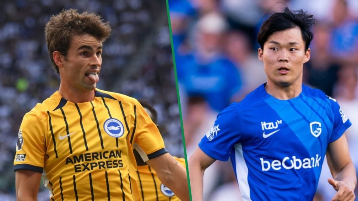Matt O'Riley celebrates a goal for Brighton & Hove Albion left and Oh Hyeon-Gyu in action for Genk right