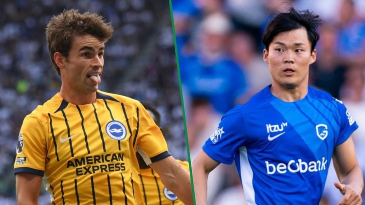 Matt O'Riley celebrates a goal for Brighton & Hove Albion left and Oh Hyeon-Gyu in action for Genk right