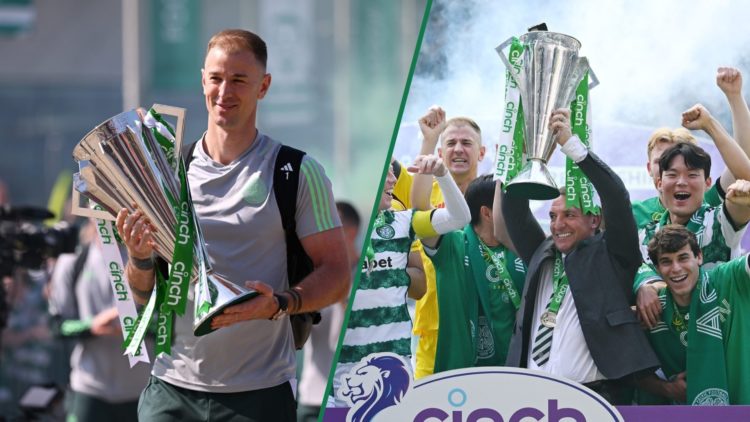 Joe Hart arrives at Celtic Park with the Scottish Premiership trophy, Brendan Rodgers and the Celtic players lift the Scottish Premiership trophy