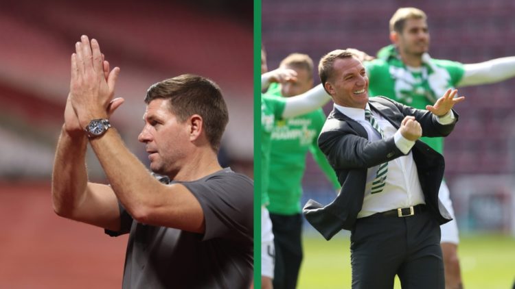 A split image of Ex-Rangers manager Steven Gerrard, and Brendan Rodgers celebrating Celtic's Premiership title in 2017.