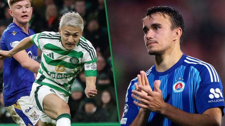 Celtic's Daizen Maeda scores against St Johnstone left and Slovan Bratislava's David Strelec clapping right