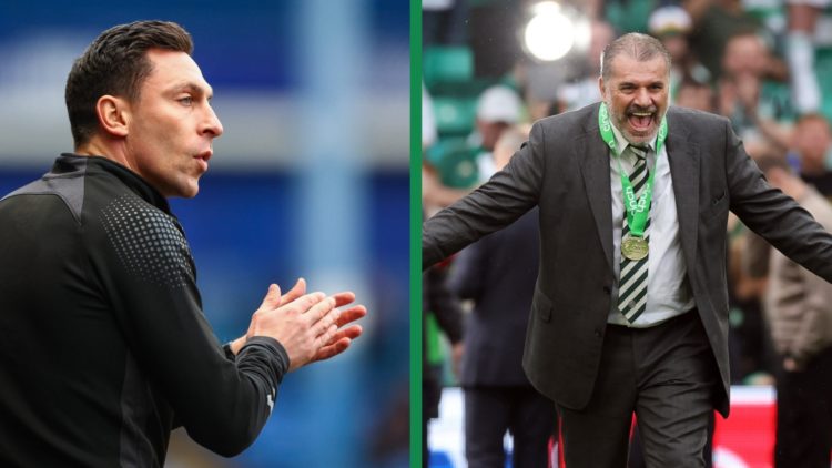 A split image of Scott Brown as the manager of Fleetwood Town and Ange Postecoglou celebrating Celtic's Premiership title win in 2023.