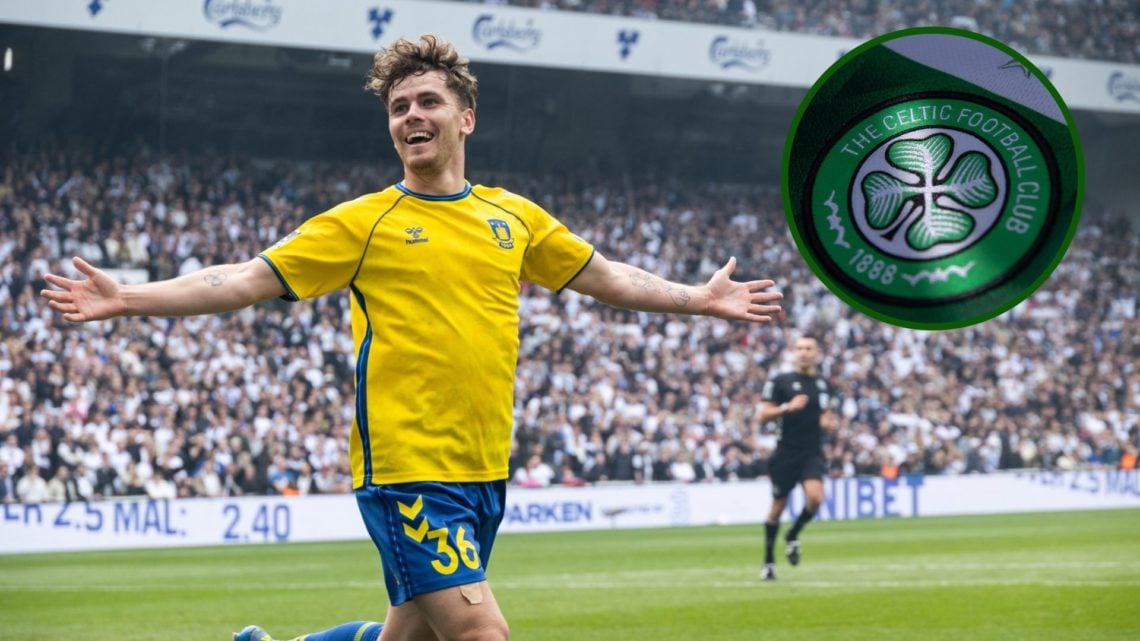 Image of Mathias Kvistgaarden after scoring for Brondby with an overlay of the Celtic badge.