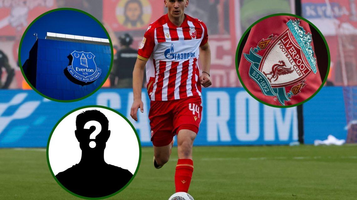Image of Veljko Milosavljevic in action for Red Star Belgrade with overlay's of Liverpool and Everton badges alongside a mystery Champions League club
