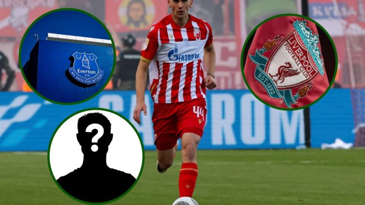Image of Veljko Milosavljevic in action for Red Star Belgrade with overlay's of Liverpool and Everton badges alongside a mystery Champions League club