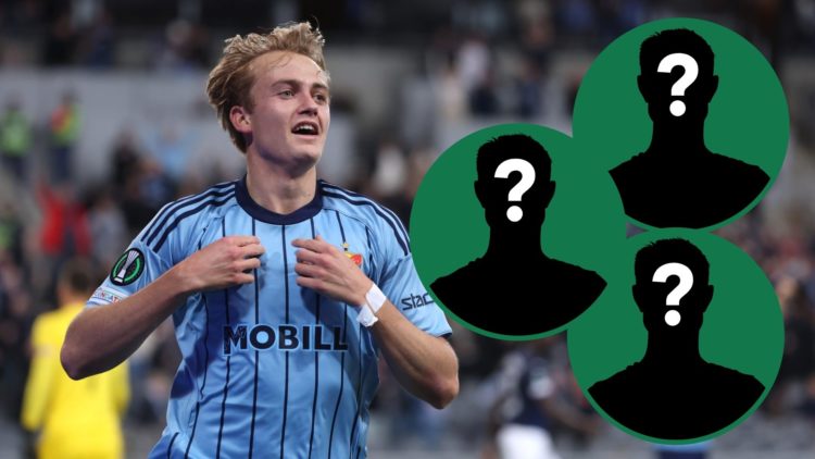 Oskar Fallenius celebrates scoring for Djurgarden against Pafos in the Europa League, three insets of mystery figures