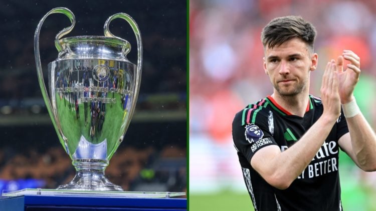 Split image of the Champions League trophy and Arsenal defender Kieran Tierney who is returning to Celtic.