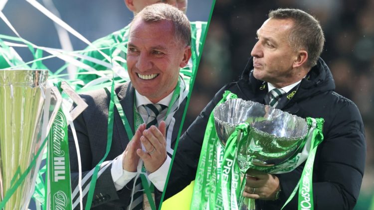 Brendan Rodgers celebrating with Premiership trophy left and holding Premier Sports Cup trophy right