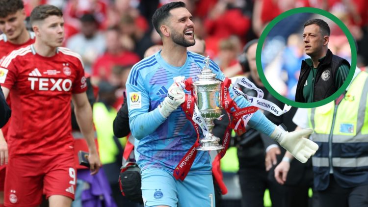 Dimitar Mitov celebrating Aberdeen's Scottish Cup final win over Celtic, including an inset of Celtic captain Callum McGregor.