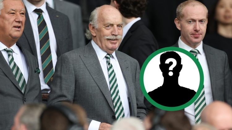 Dermot Desmond in attendance at Celtic Park, including an image of a mystery player.