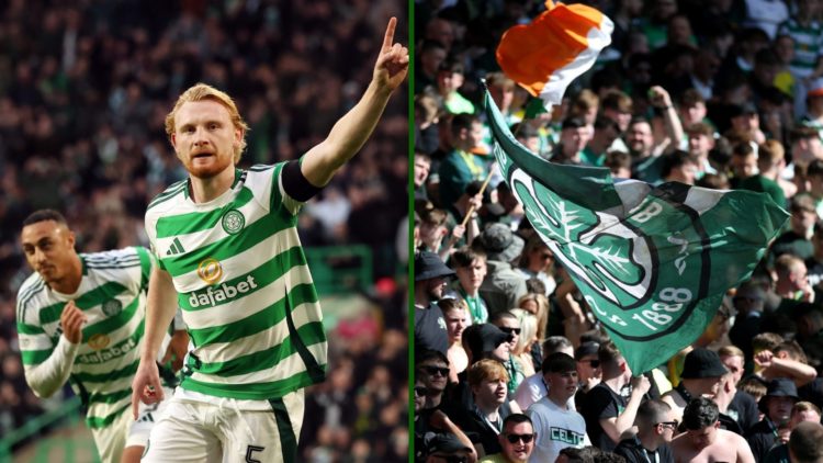 Split image of Liam Scales scoring for Celtic vs Ross County in the Scottish Premiership with fans celebrating at Celtic Park