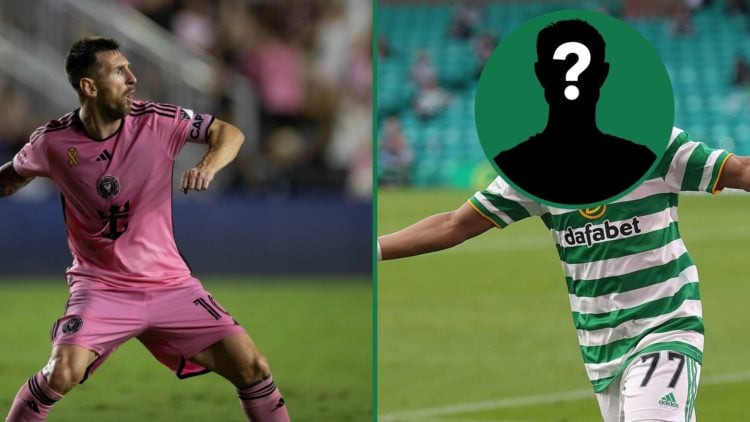 Lionel Messi celebrates scoring for Inter Miami, Karamoko Dembele celebrates scoring for Celtic against St Johnstone, an inset of a mystery man